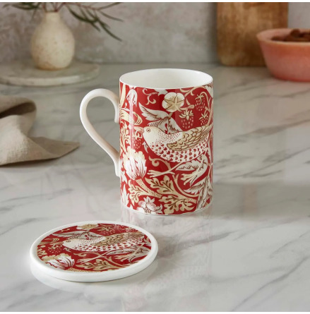 Morris & Co Mugg & Coaster Set 0.34L Strawberry Thief Indian Red